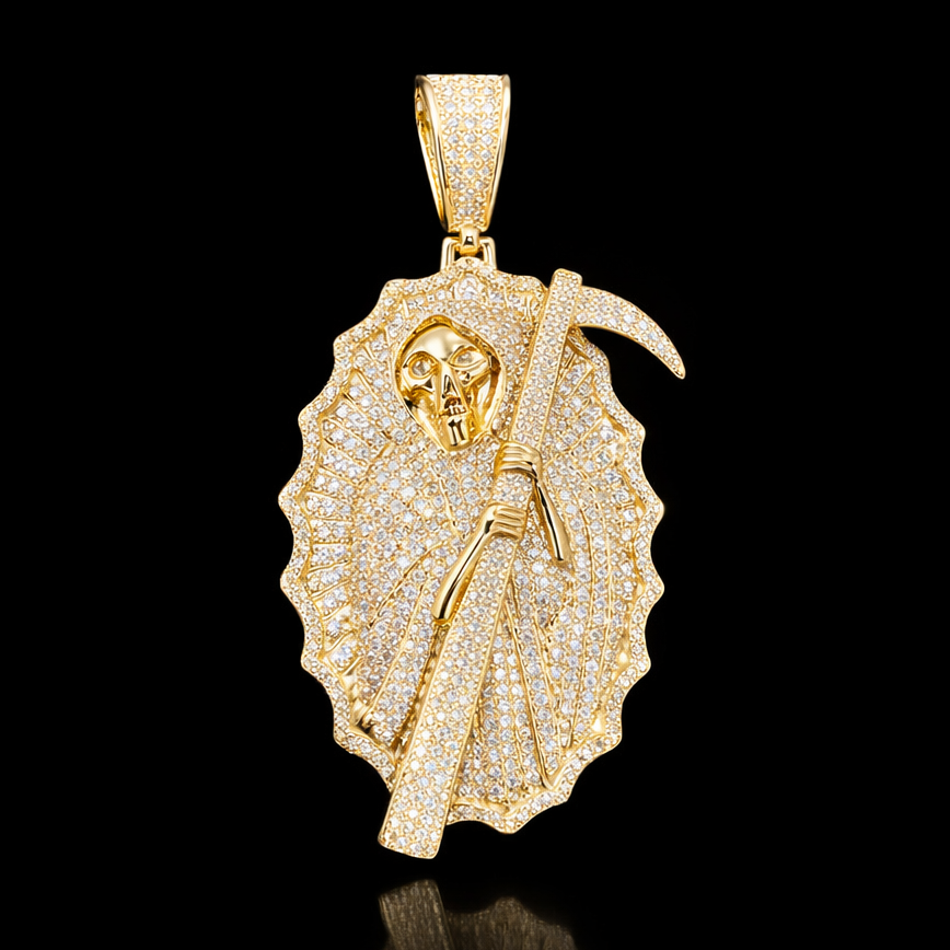 Diamond-encrusted Gold Grim Reaper necklace pendant with fine micropavé setting and sculpted scythe detail, premium jewelry product image