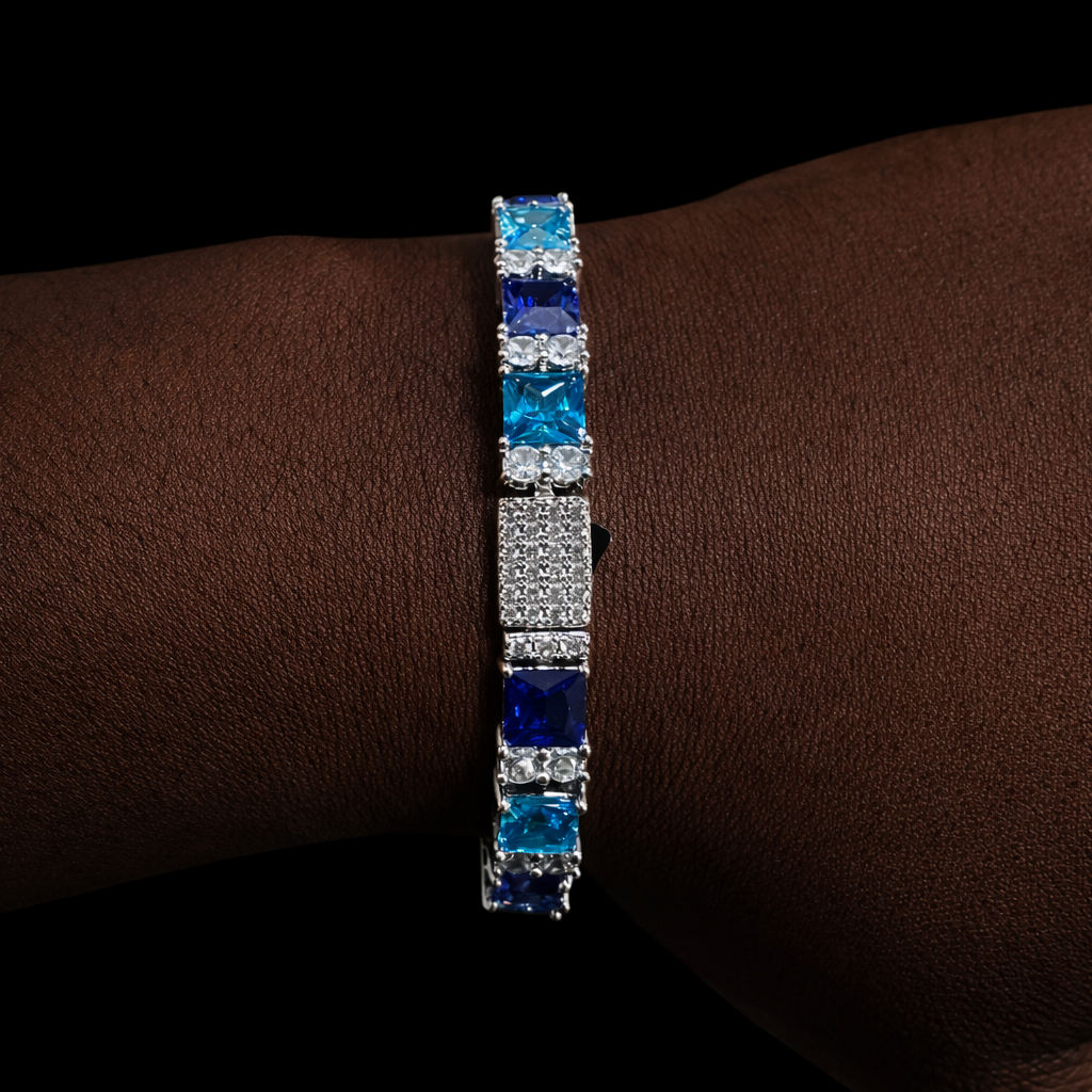iced out blue royale tennis bracelet with diamond stones white gold