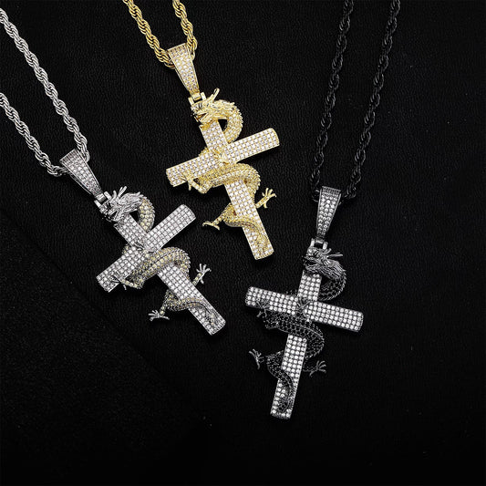 Pendentif Croix Iced Out Plaqué Or Avec Dragon