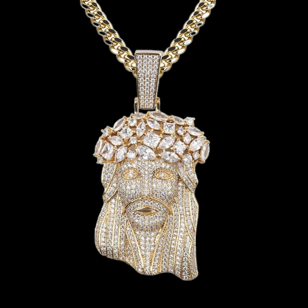 Pendentif Jésus plaqué or de qualité supérieure avec de grands diamants de laboratoire