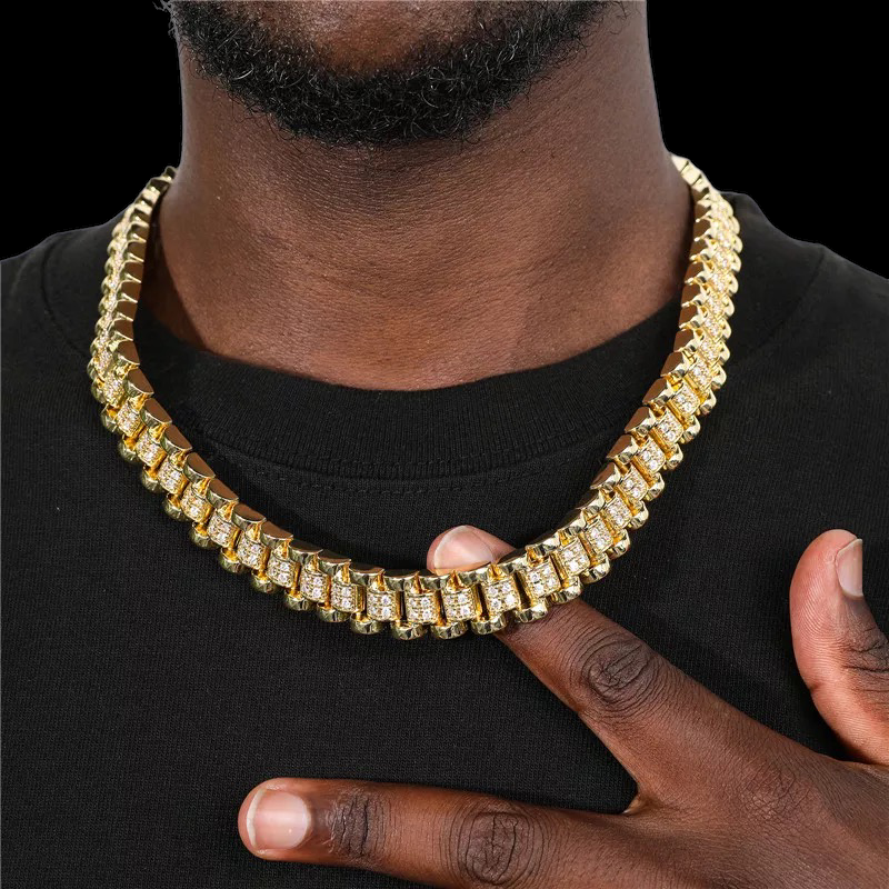 iced out gold rollie link chain with diamond setting 14mm