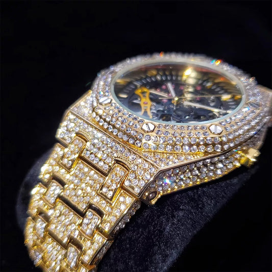 Royal Majestic 44mm – Fully Iced Gold-Plated Skeleton Watch