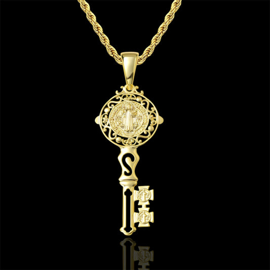 gold key pendant with Saint Benedict symbol
